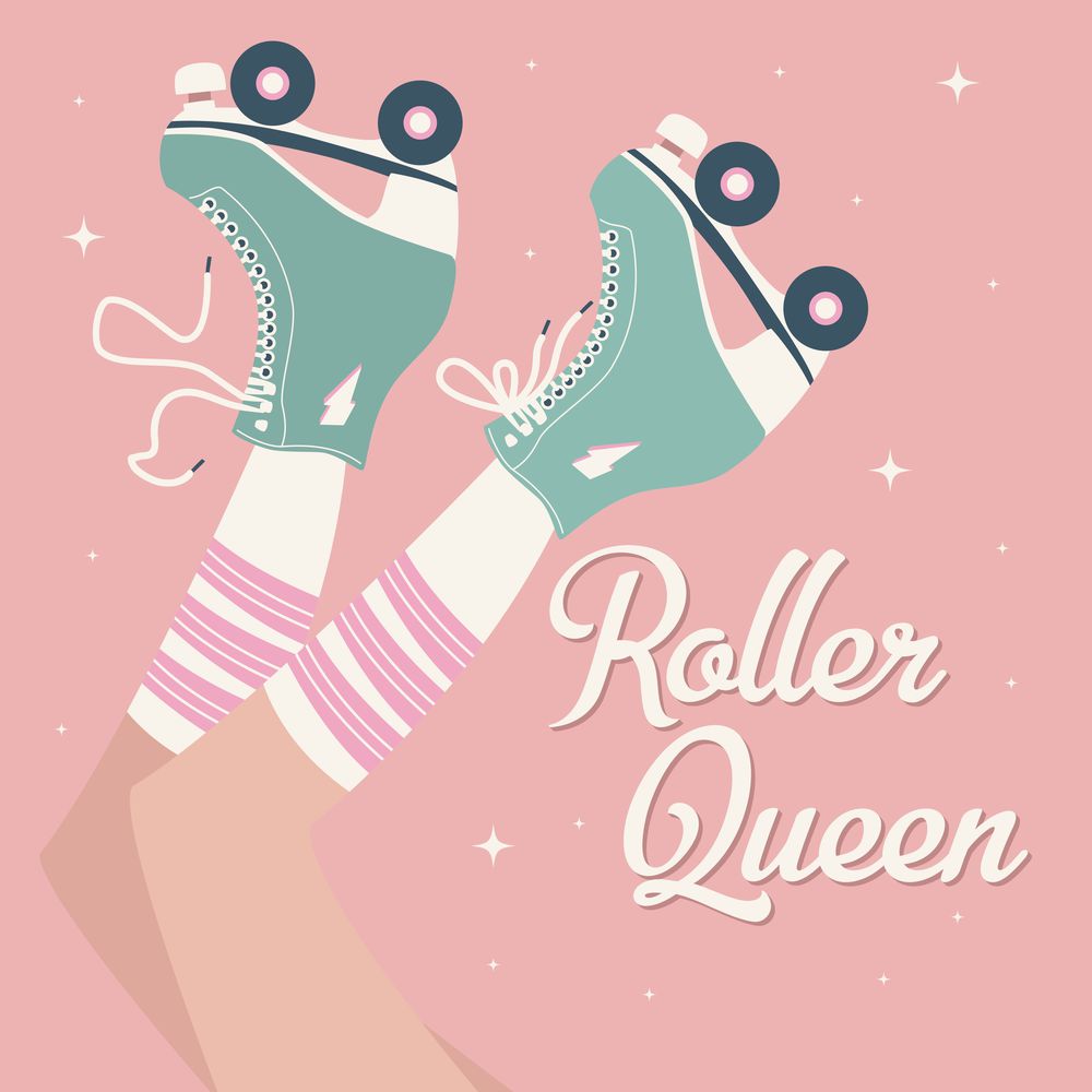 Hand drawn illustration with female legs and tube socks and retro roller skates. Colorful vector illustration