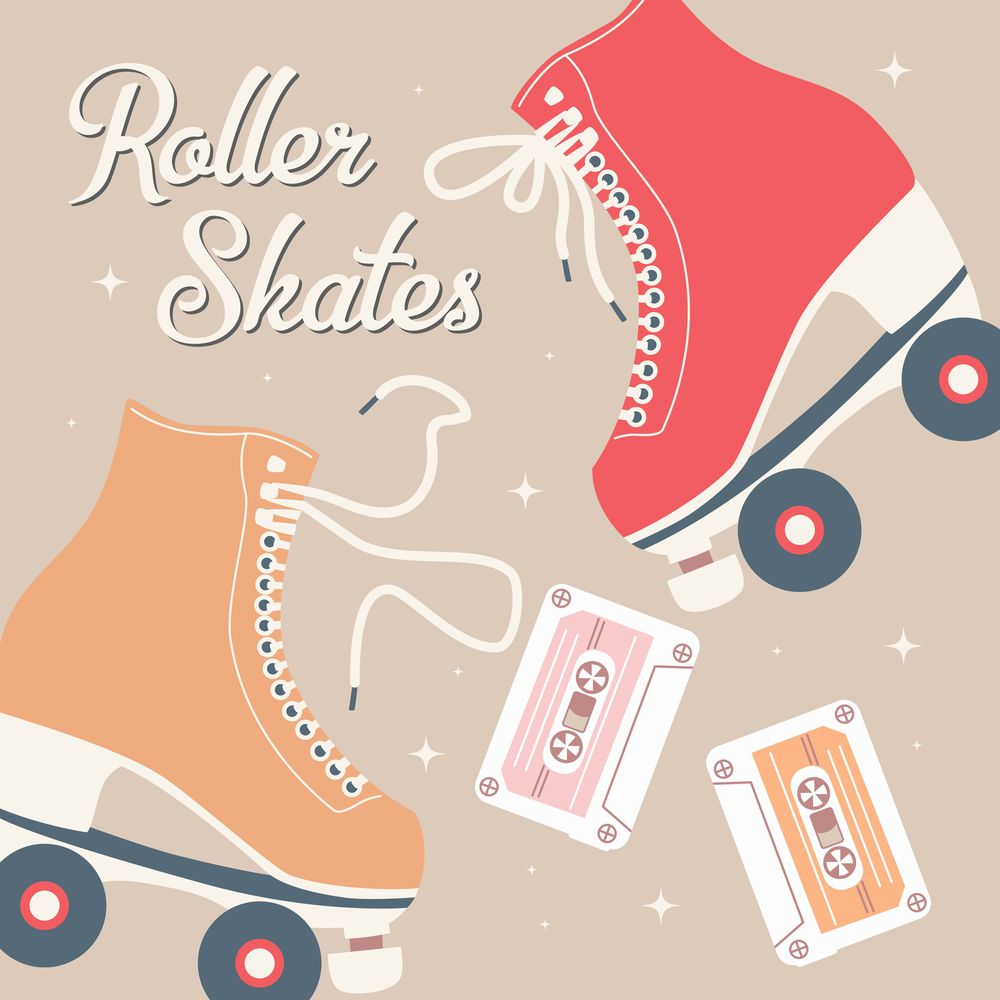 Hand drawn illustration with retro roller skates and cassette tapes. Colorful vector illustration