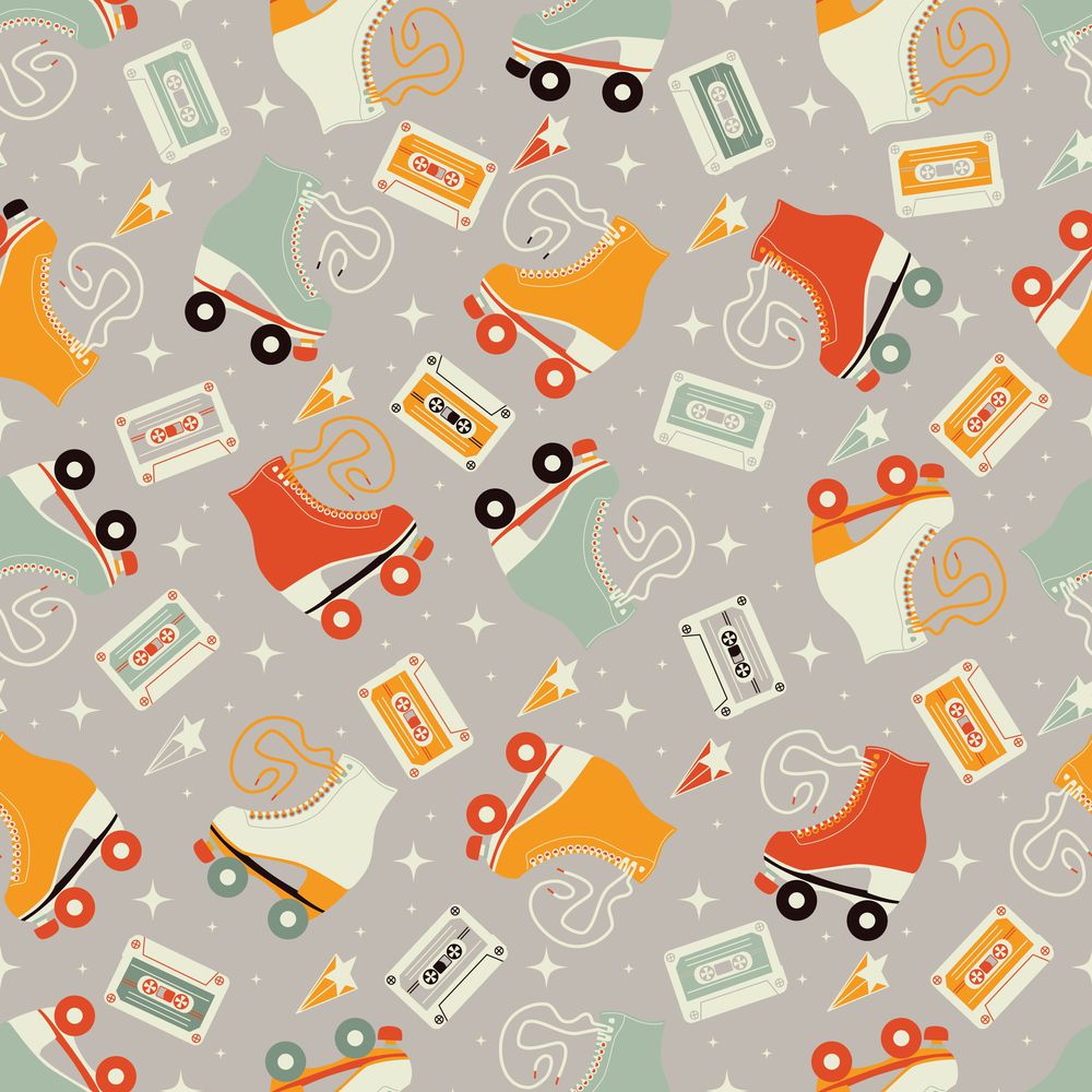 Seamless pattern with roller skates and cassette tapes. Retro hand drawn laced boots, colorful vector illustration