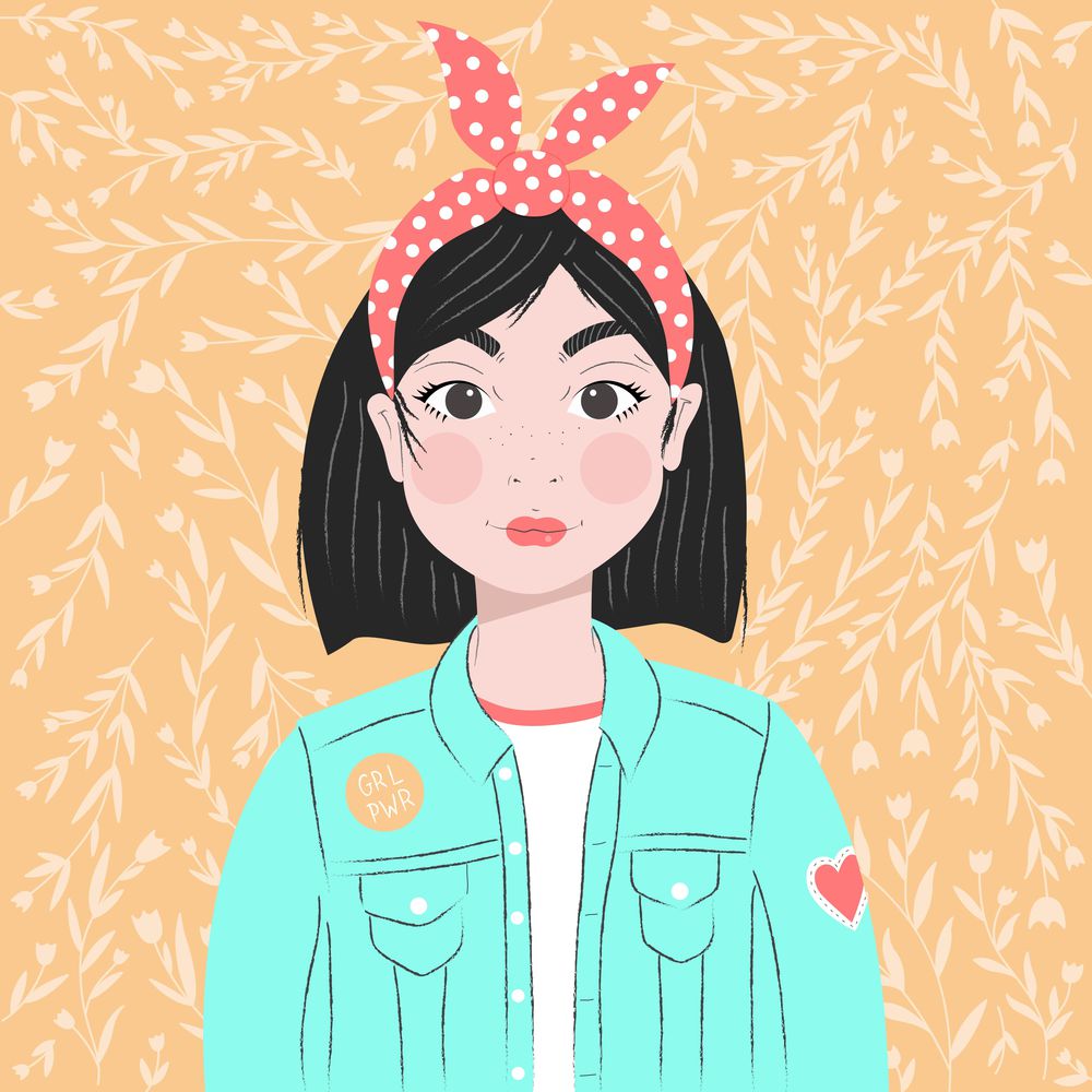 Portrait of a girl with dark hair and hair band, in denim jacket, on yellow background with wild flowers, flat vector illustration