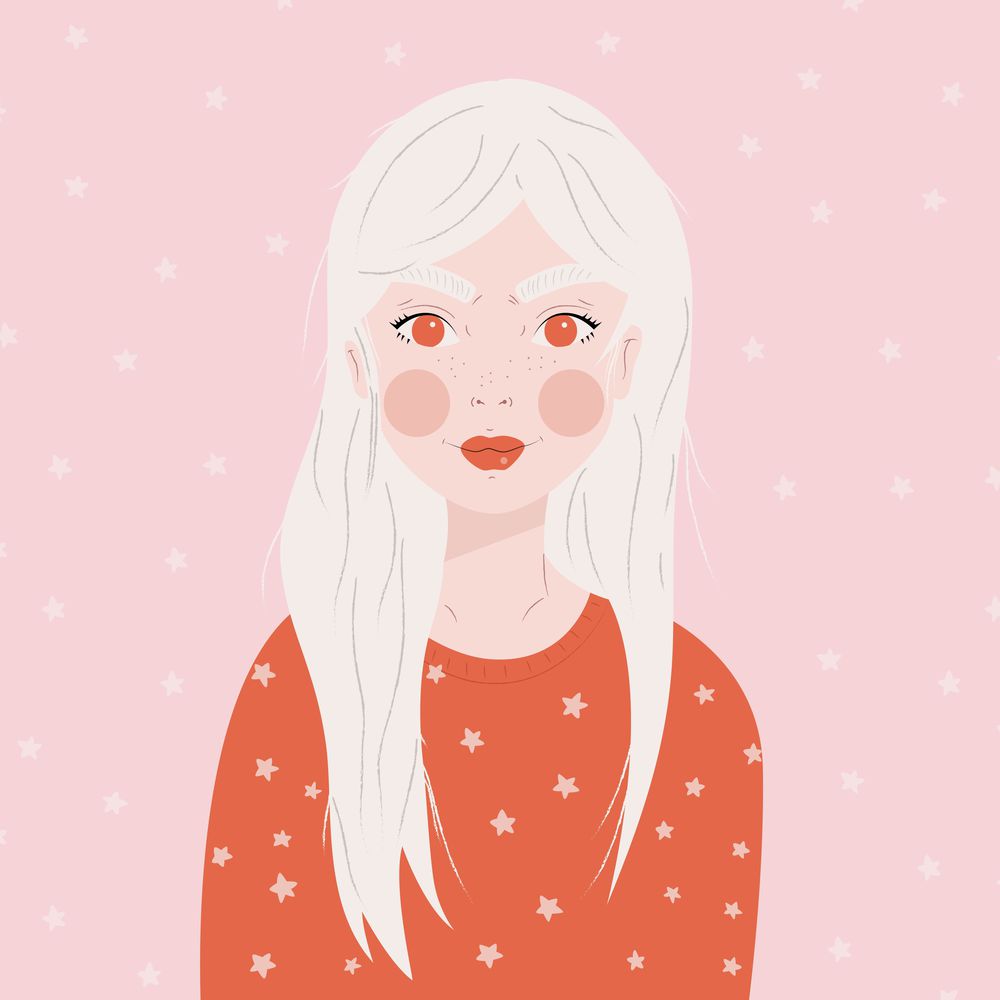 Portrait of a girl with long white hair, in red sweater, on pink background with white stars, flat vector illustration