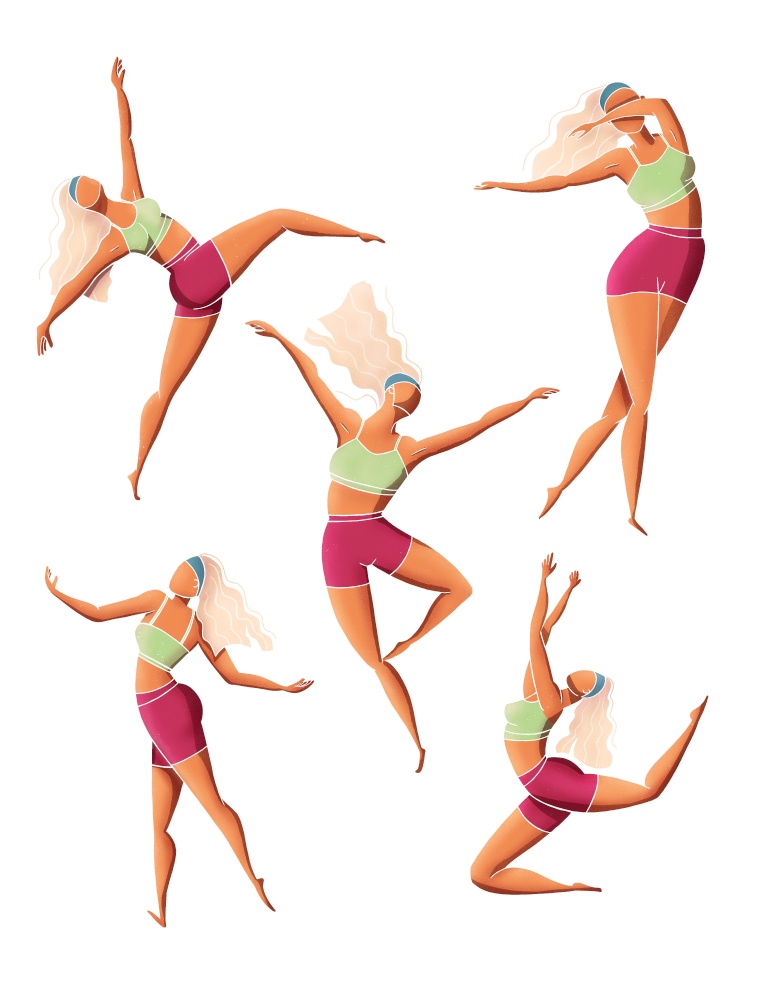 Set of dancing girl poses. Female character in different choreographic positions in sportswear. Colorful illustration.