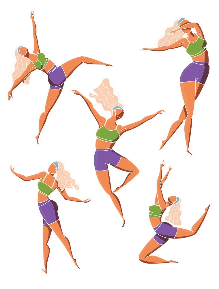 Set of dancing girl poses. Female character in different choreographic positions in sportswear. Colorful vector illustration.
