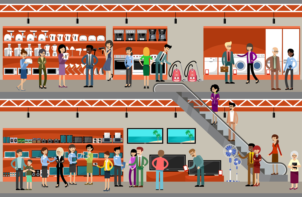 People in a supermarket of the equipment and electronics. Vector illustration