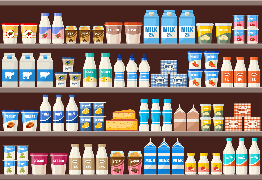 Counter with dairy products. Supermarket. Vector illustration
