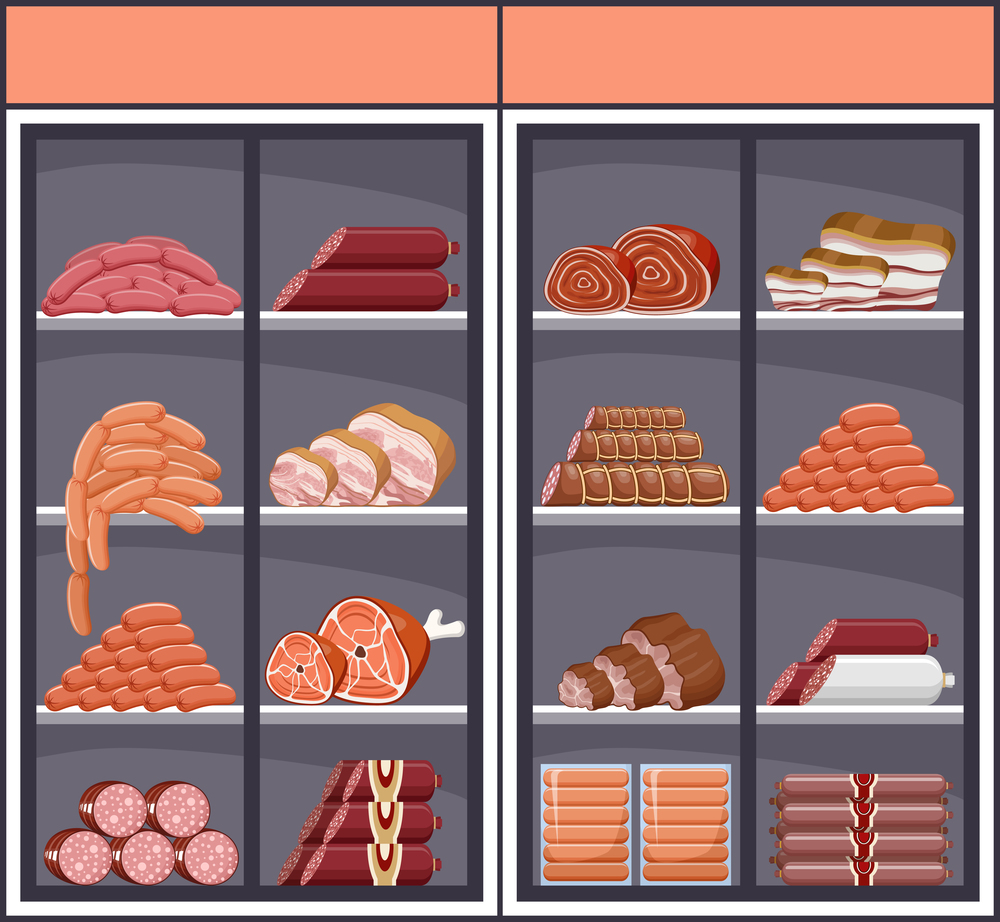 Showcase with meat products. Vector illustration