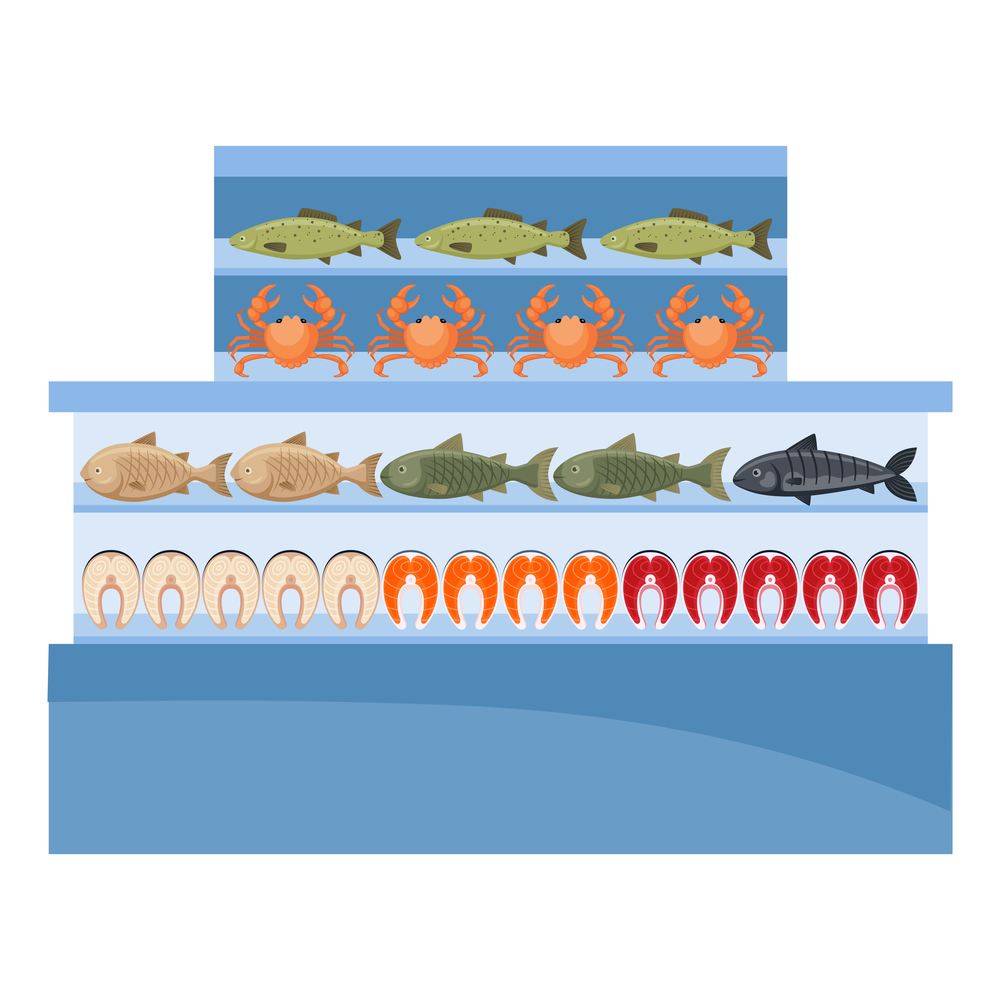 Supermarket. Seafood freezer. Fish shop. Vector flat illustration