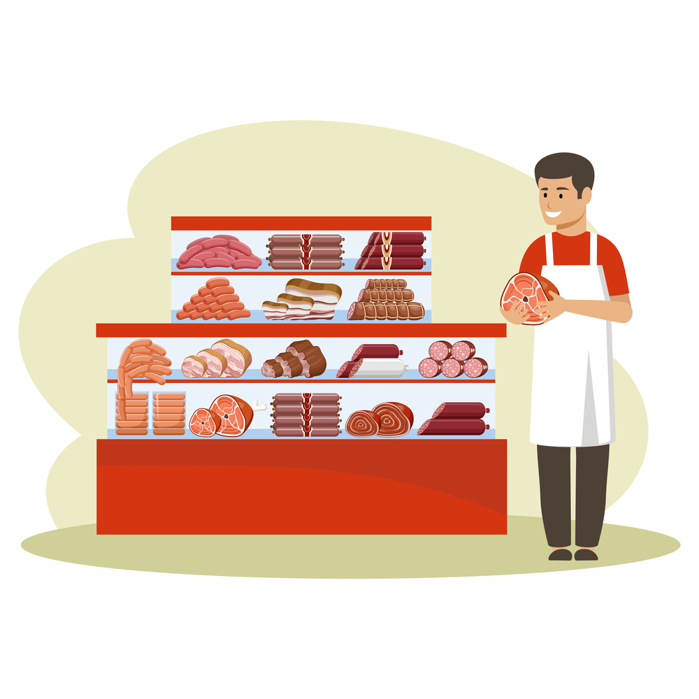 Shop for meat products. Counter. Seller holds a ham. Vector flat illustration
