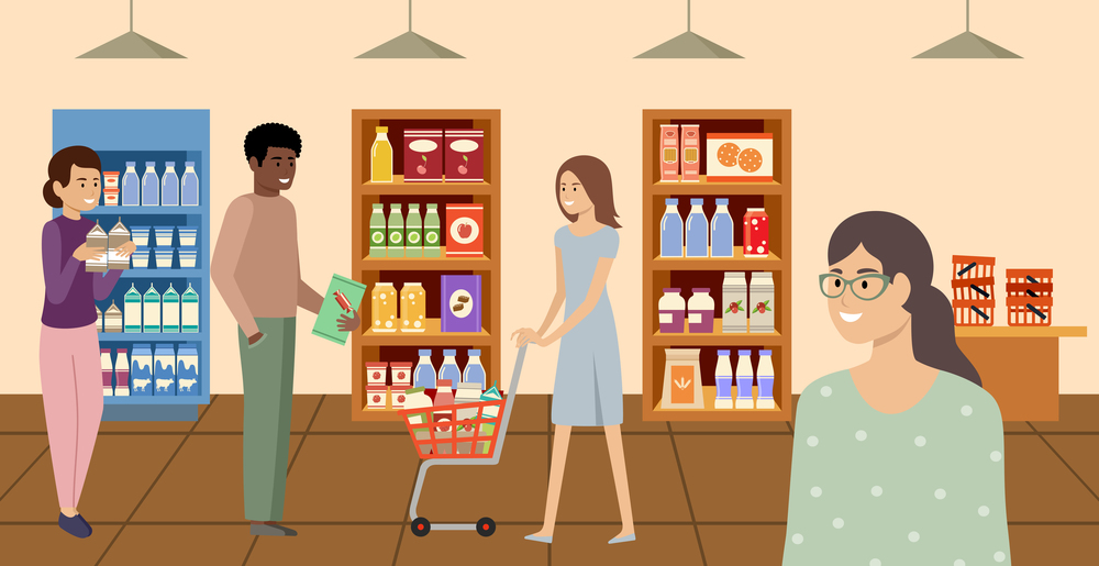 Supermarket. People choosing and buying products at grocery store. Vector flat illustration.