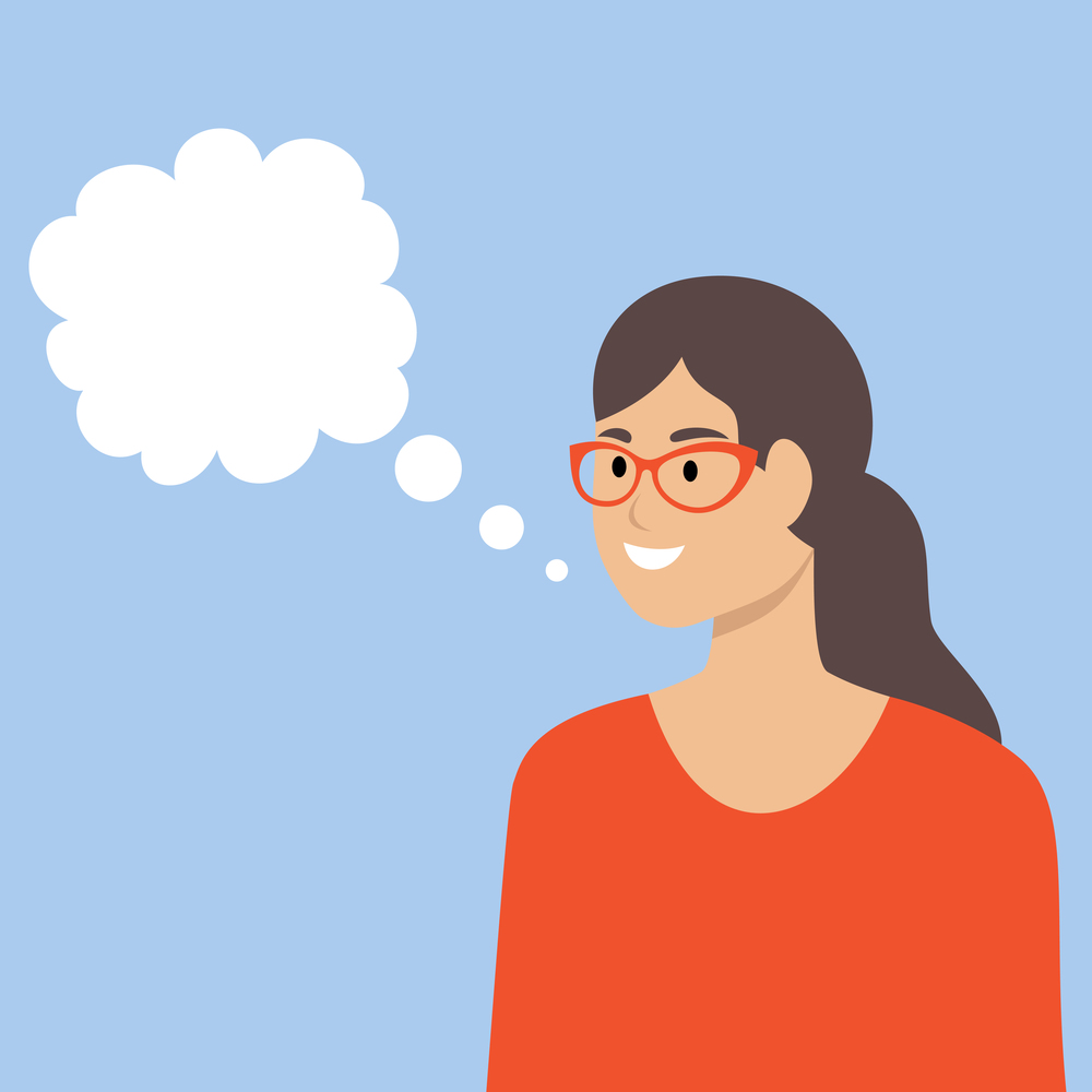 Woman on a blue background with white text box. Empty speech bubble. Vector flat illustration.