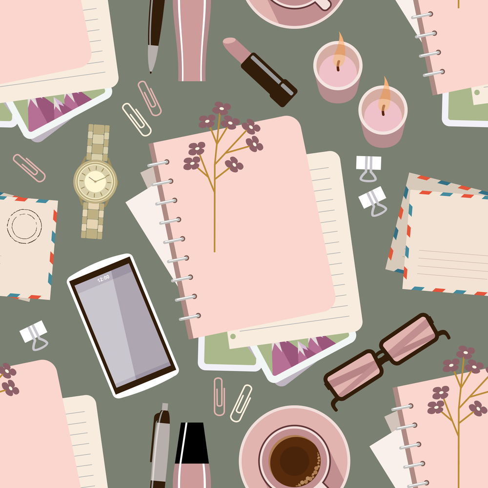 Seamless pattern with diary on the table. Women&rsquo;s glamorous things. Stylish workplace. Vector flat illustration