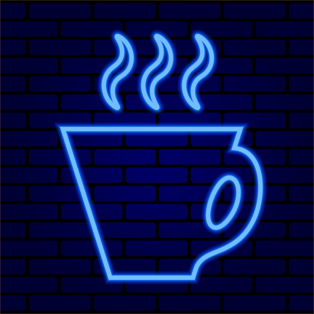Glowing neon coffee cup on a brick wall background. Vector illustration.