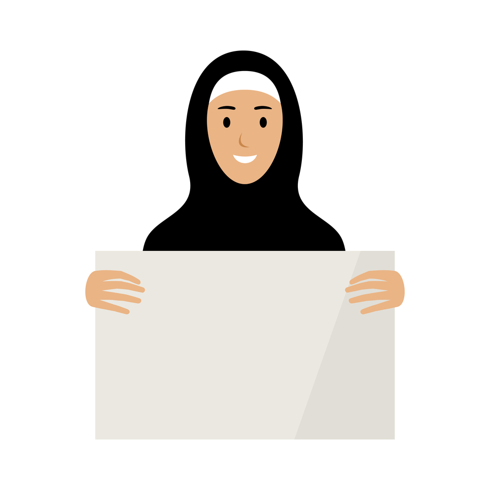 Woman Muslim holding a empty placard. Vector flat illustration.