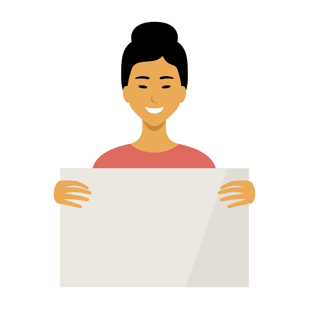Woman Asian holding a empty placard. Vector flat illustration.