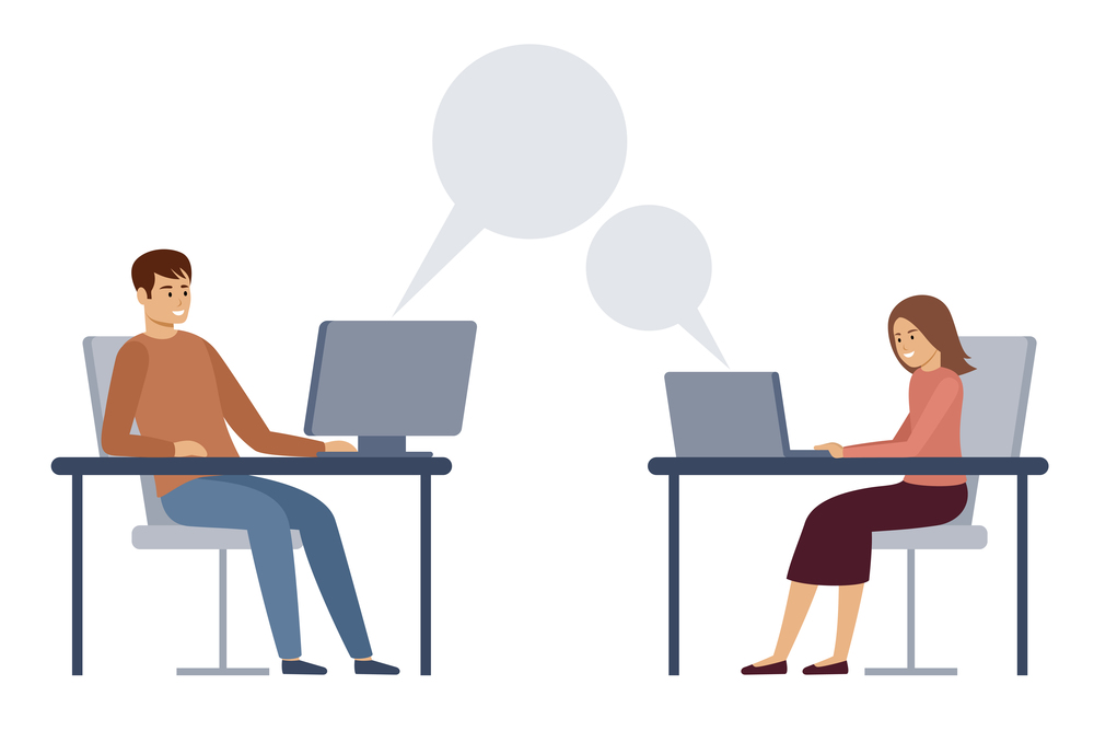 Man and woman are texting at work. Working correspondence. General chat. Vector flat illustration.
