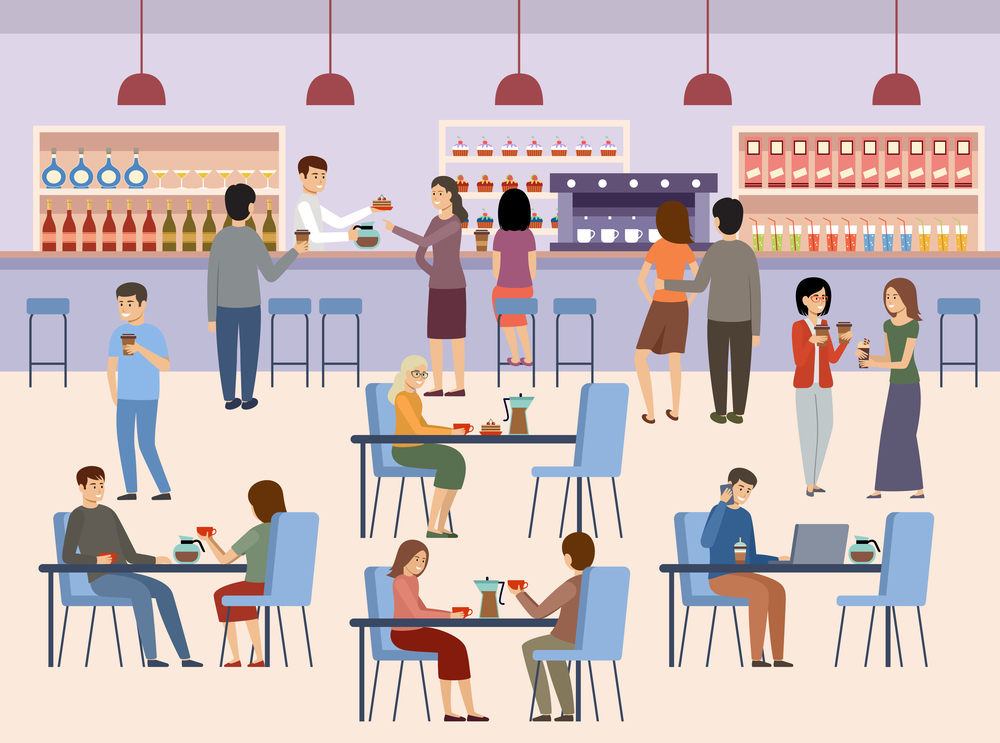 People in a cafe. Lunch break. Beverages. Coffee time. Vector illustration