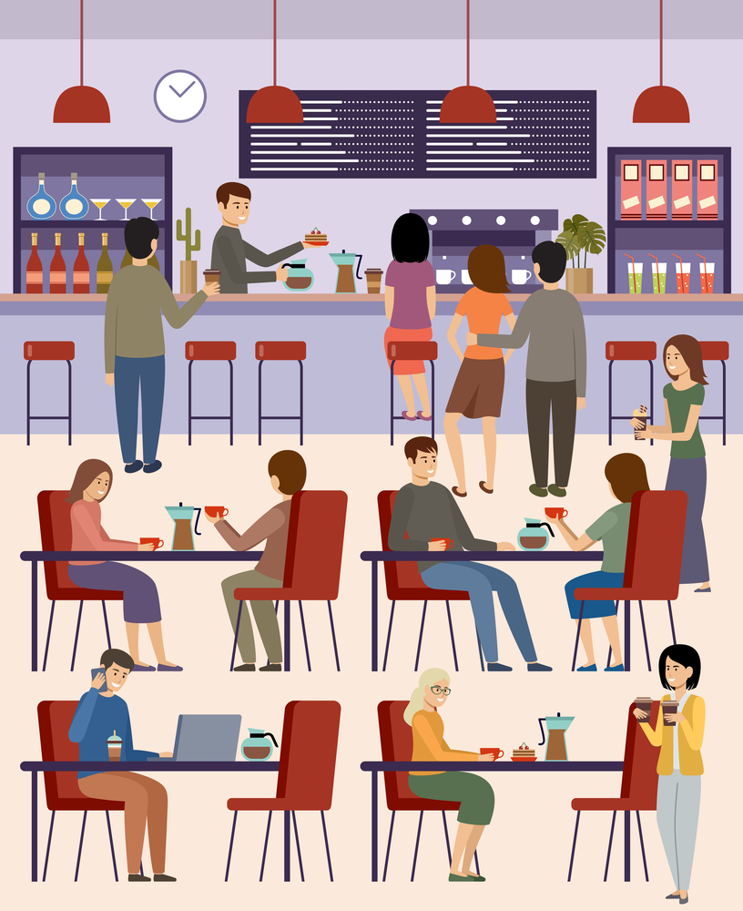 People in a cafe. Lunch break. Beverages. Coffee time. Vector flat illustration