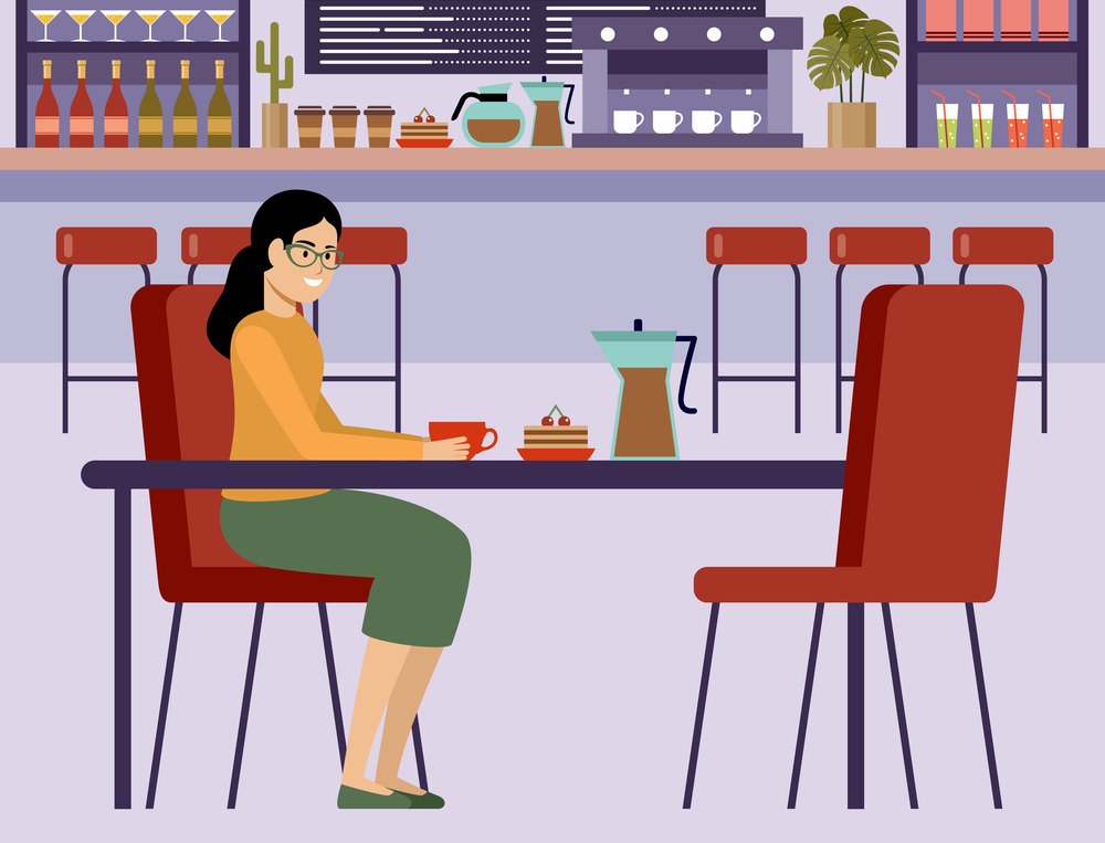 Woman in a cafe is drinking coffee. Cafeteria. Bar. Interior. Vector flat illustration.