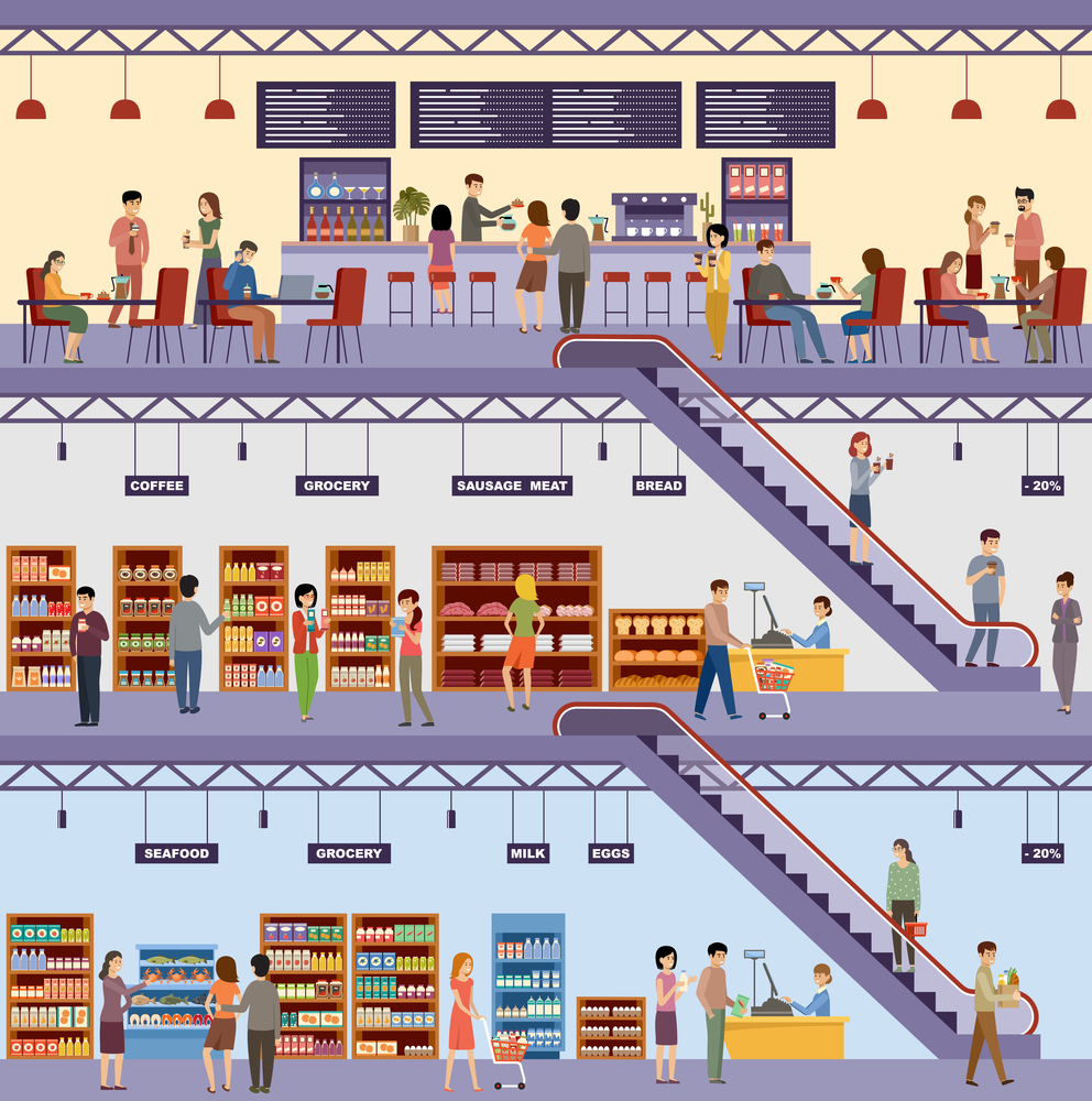 Shopping center. Supermarket. High-rise store. Cafe. Products, milk, bread, groceries, seafood, meat. Men and women buy food. Vector flat illustration.