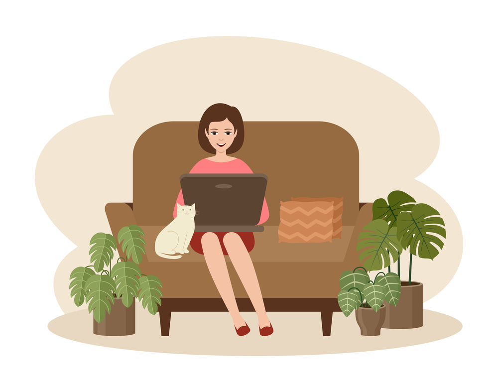 Woman freelancer with a laptop sitting on a sofa. Distance job. Vector illustration