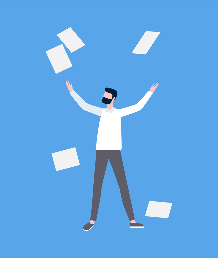 Man in casual clothes throwing up pages. Portrait view of standing person on blue with falling empty sheets of paper, worker and documents flat vector. Man Throwing Up Documents, Success Scheme Vector
