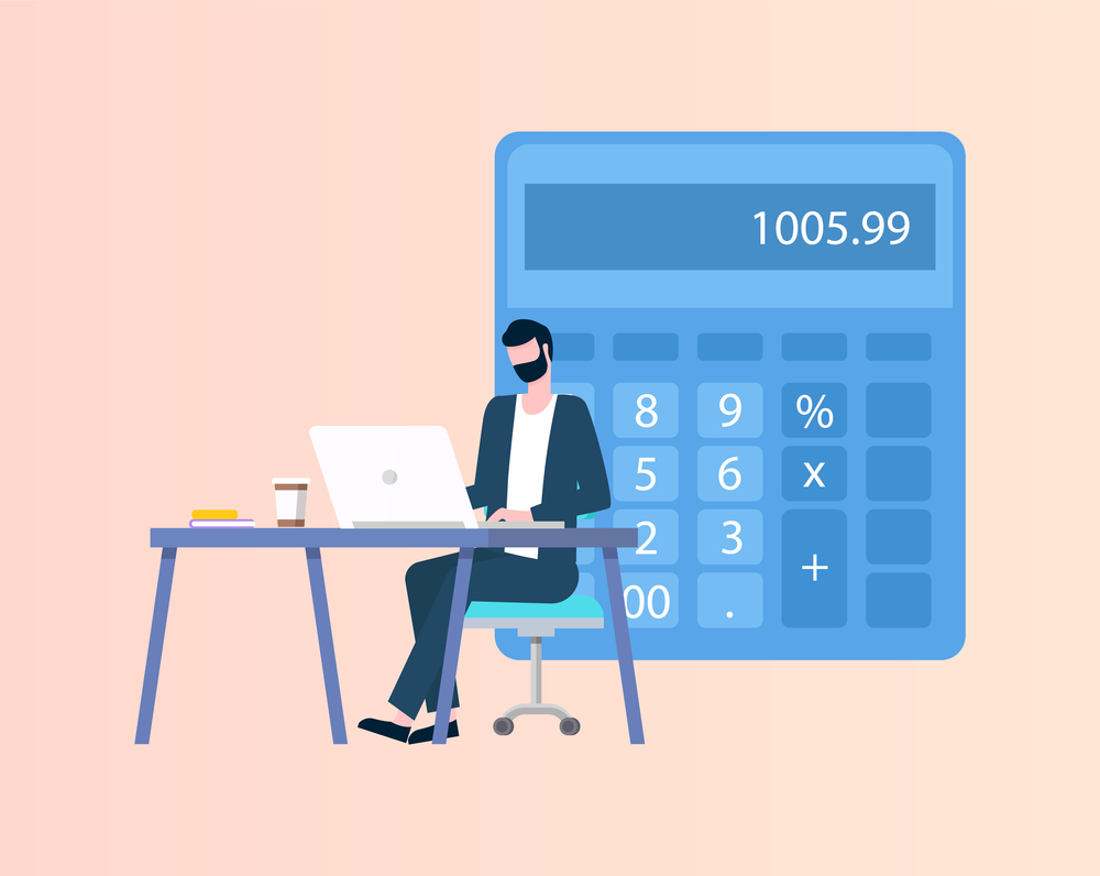 Person with beard sitting at table with laptop, calculation vector. Big calculator with buttons and numerals. Accountant in suit doing electronic counting. Accountant Using Laptop, Doing Counting Vector