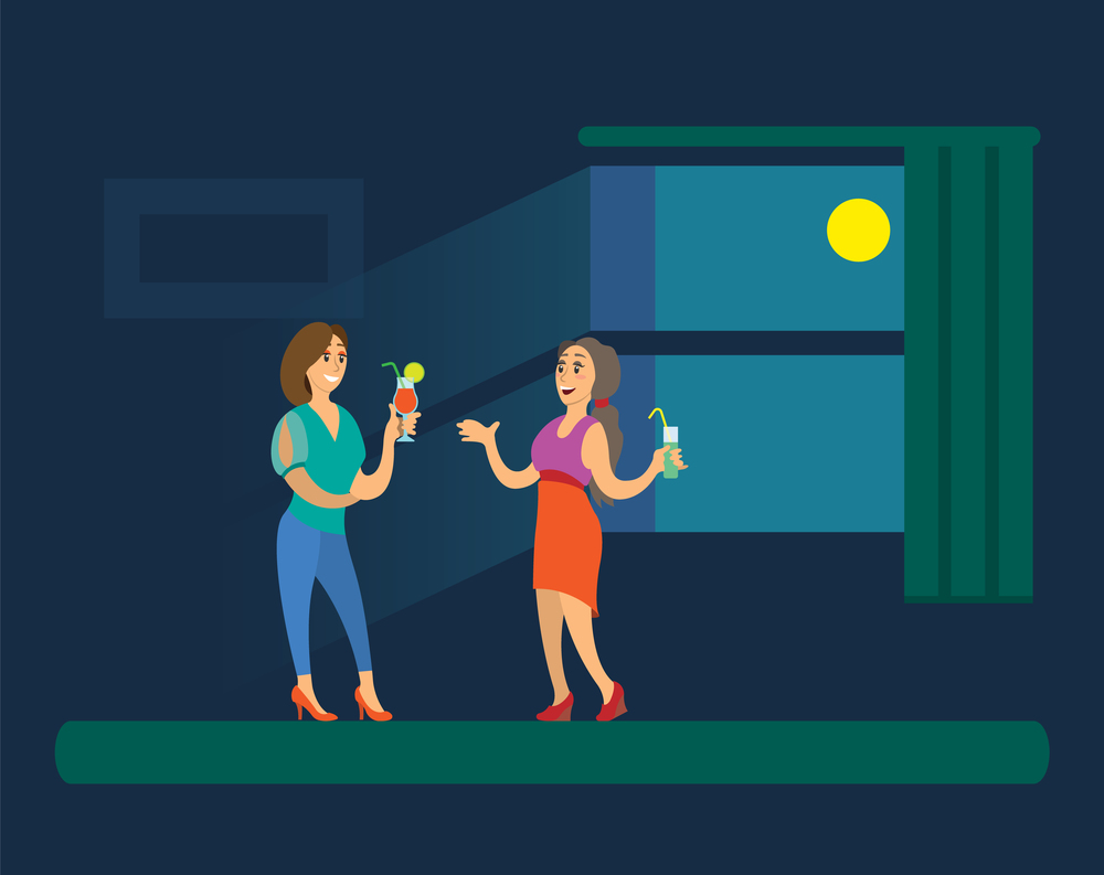 Girls holding cocktails, women in evening dress standing near big window with dark view and glowing moon. Ladies speaking and drinking alcohol vector. Ladies Holding Cocktails near Window, Disco Vector