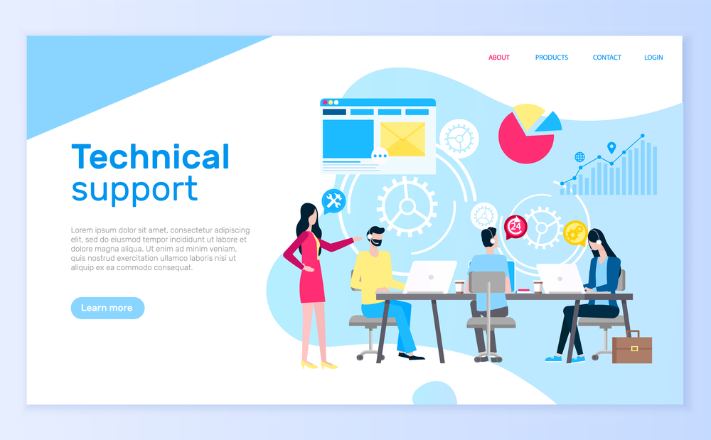Technical support people answering questions help desk vector. Online communication clients, assistance with charts diagrams, brainstorming workers. Website or webpage template landing page in flat. Technical Support People Answering Questions Help