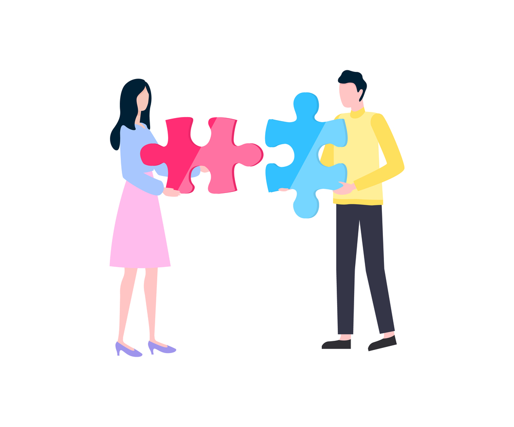 Woman in skirt and man in casual clothes holding and connecting parts of colorful puzzle vector. Teamwork and solution of jigsaw, portrait view of people. Teamwork with Connecting Parts of Puzzle Vector