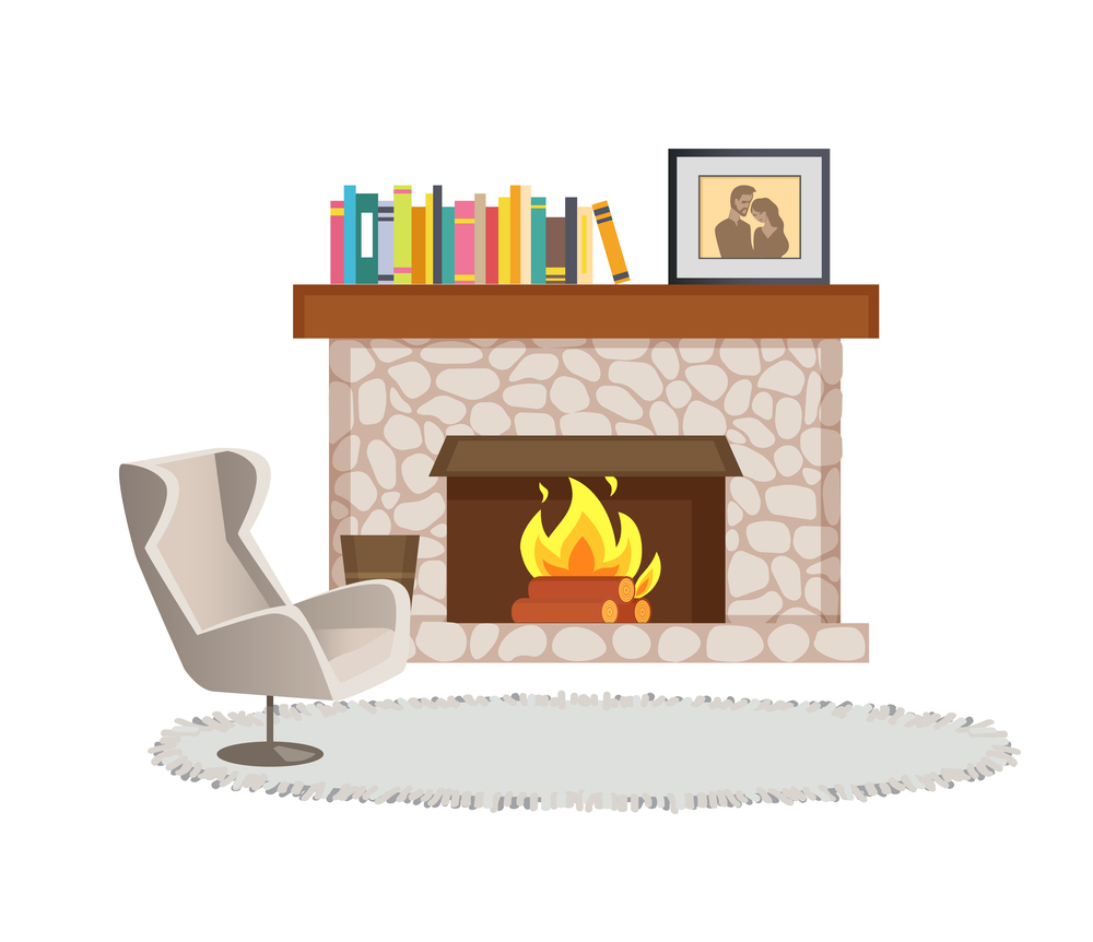 Fireplace with books and photo in frame interior vector. Chimney and burning logs, bucket for ash, armchair and carpet covering floor home decoration. Fireplace with Books and Photo in Frame Interior