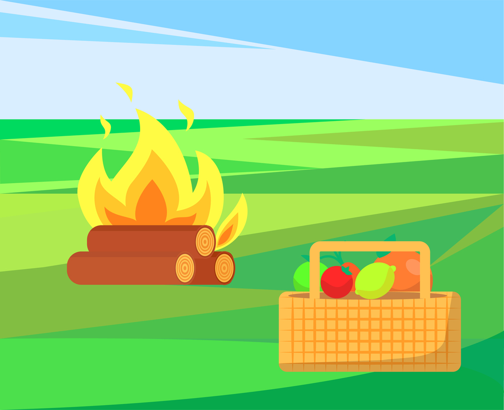 Bonfire with basket and apples, fruits and veggies vector. Container with vegetables, meal harvest of summer. Outdoor activities, camp and picnic. Bonfire with Basket and Apples, Fruits and Veggies