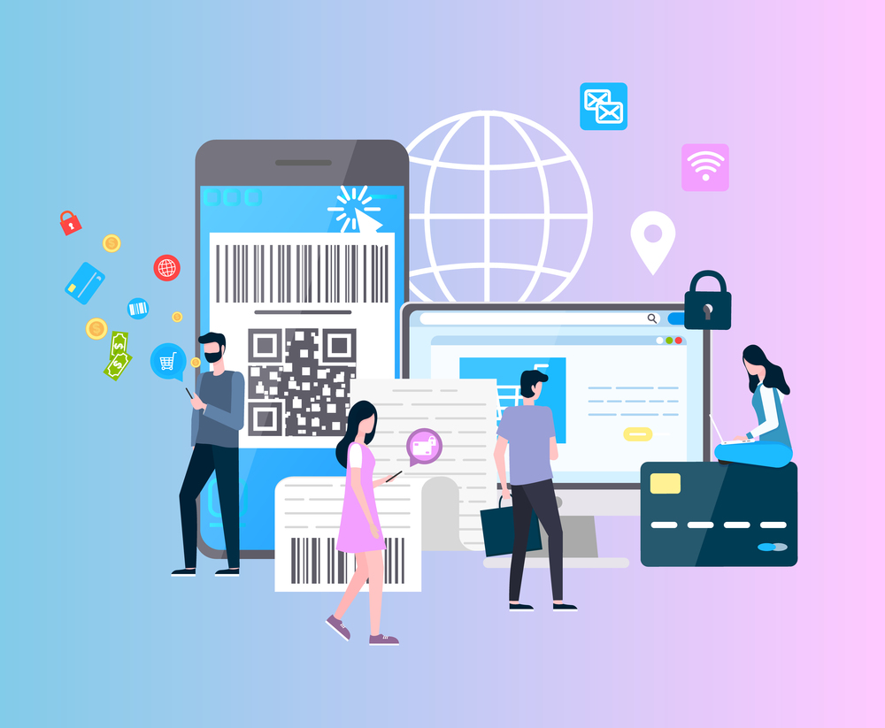 Online service connected with banking and money payment vector. Users with scanners, laptops and smartphones, global network location people shopping. Online Service Banking and Money Transactions
