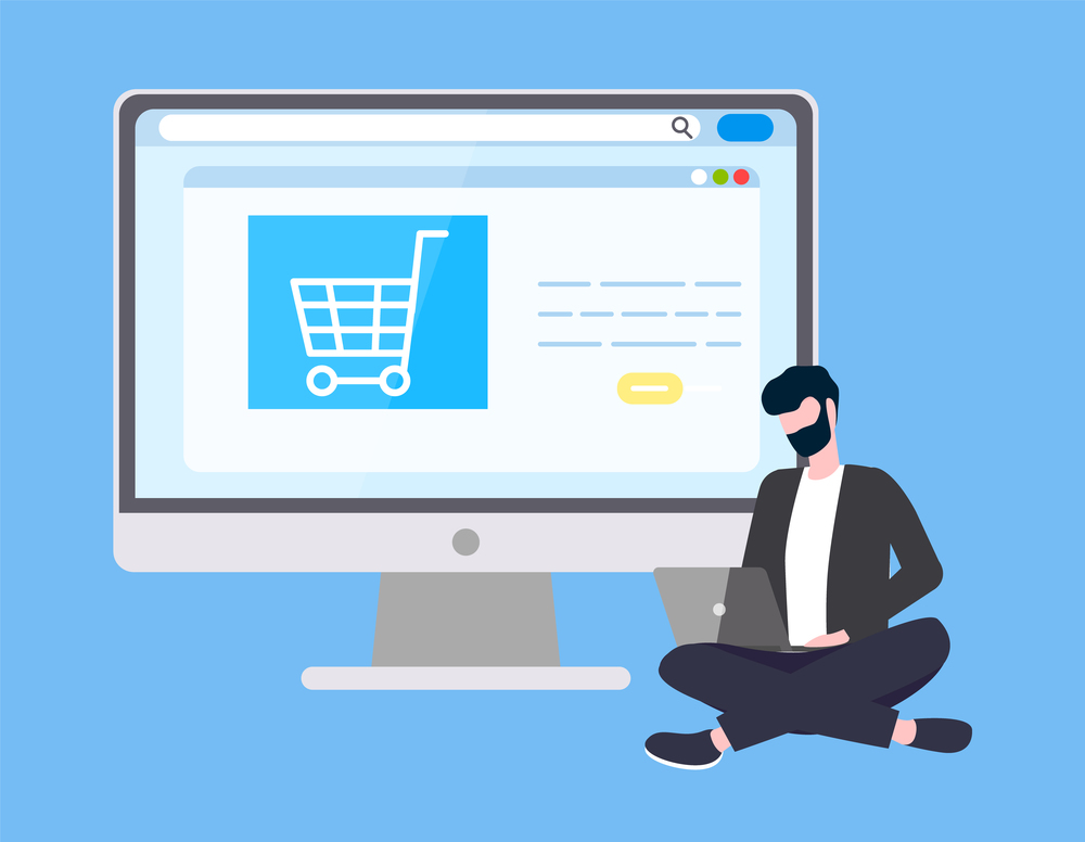 Online Internet shopping and technical support vector. Man with laptop, programmer or site operator, supermarket cart icon on webpage, payments security. Online Internet Shopping and Technical Support