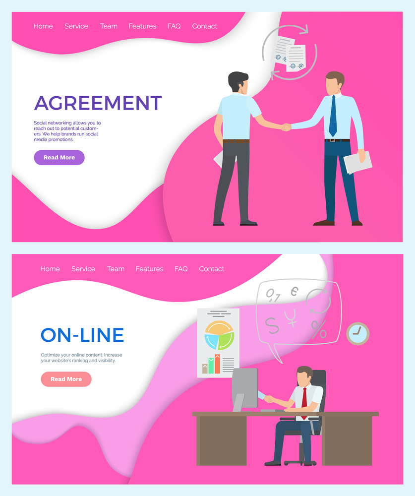 Online business man working in office, agreement of partners vector. Deal of businessman holding contracts. Male at workplace by table with laptop. Website or webpage template landing page in flat. Online Business Man Working in Office, Agreement