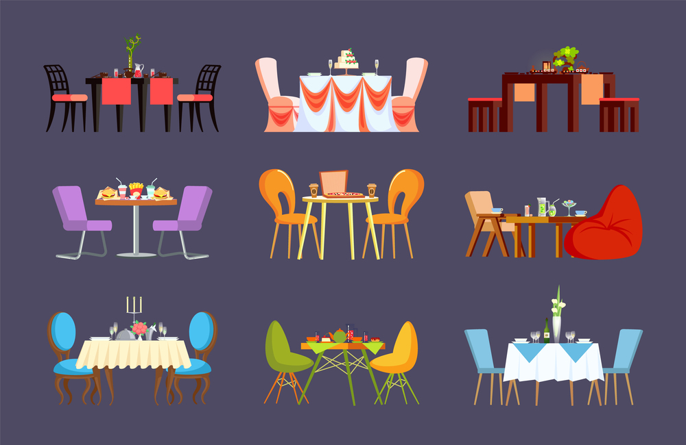 Restaurant tables with dinner or wedding settings vector. Tablecloth and chairs, cake and fast food, pizza and sushi, lemonade and tea, cafe furniture. Dinner or Wedding Settings on Restaurant Tables