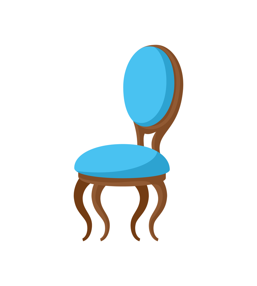 Chair classic design, wooden bent legs and soft blue seat, elegant furniture with front view. Object for sitting, one place for relaxation on white vector. Chair Classic Design, Wooden and Soft Seat Vector