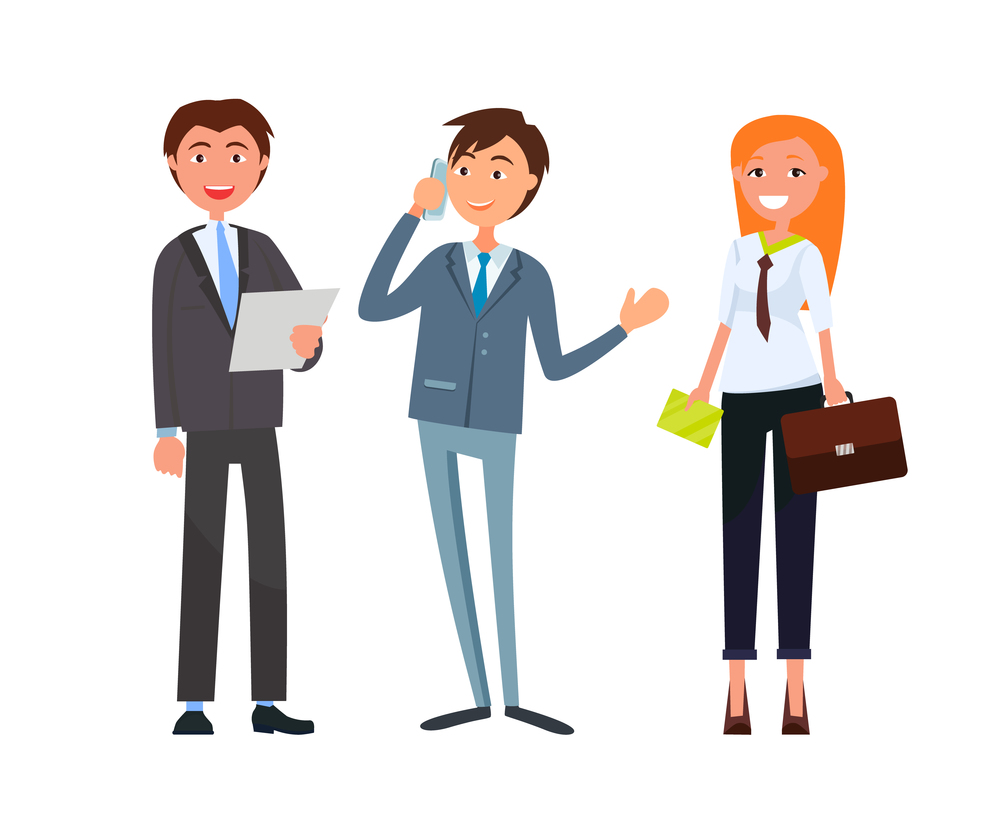 Team of corporate business workers in formal wear. Vector man with sheet of paper, boss speaking on telephone and woman holding briefcase isolated characters. Team of Corporate Business Workers in Formal Wear