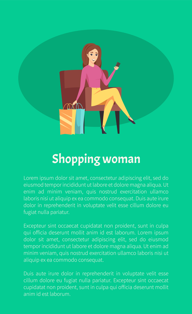 Shopping woman female shopaholic with mobile phone vector. Lady tired relaxing in cozy armchair, person with cell. Bags with purchased items poster. Shopping Woman Female Shopaholic with Mobile Phone