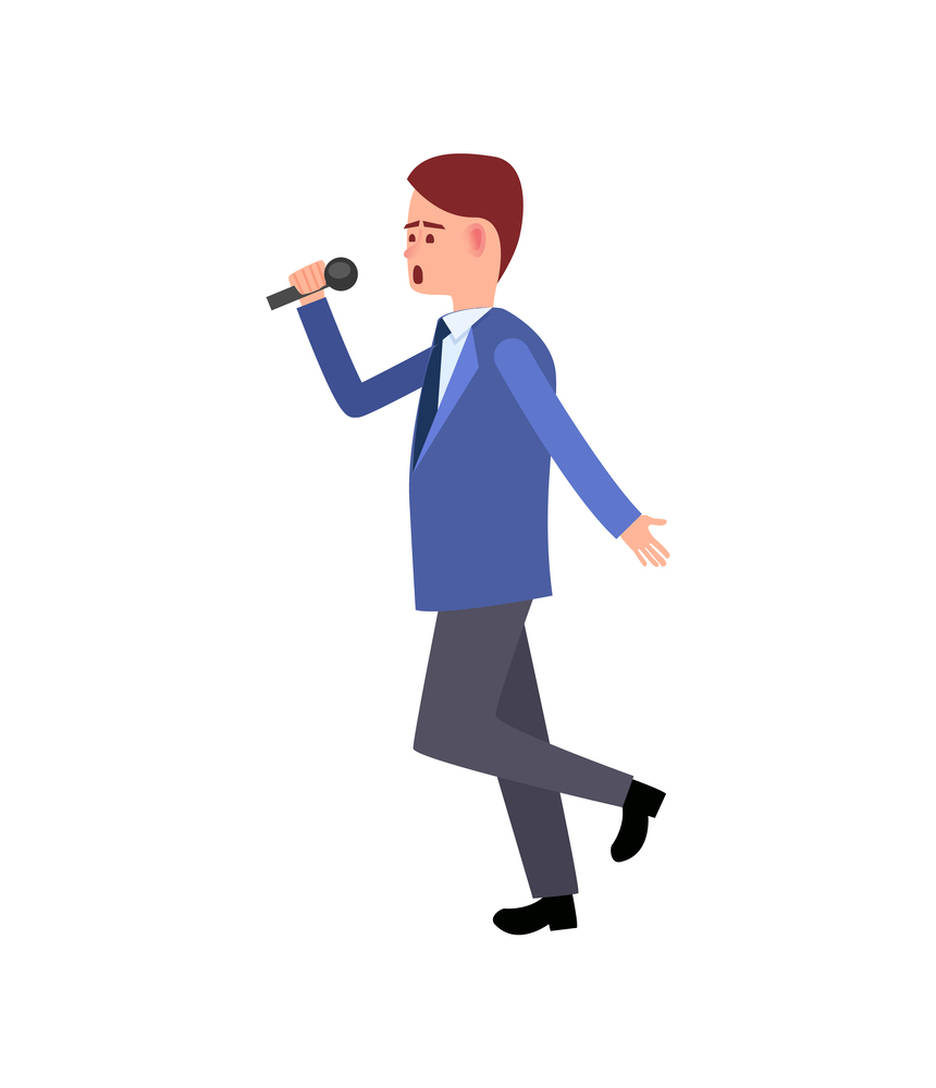 Music performer, male with mike dancing and gesturing vector. Solo karaoke sound, movements of artistic person, character wearing suit, walking around. Music Performer, Male with Mike Dancing Gesturing