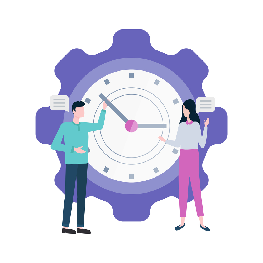Time management people with big clock vector. Isolated man and woman with watch, timing and planning organization, characters with working plan job. Time Management People with Big Clock Isolated