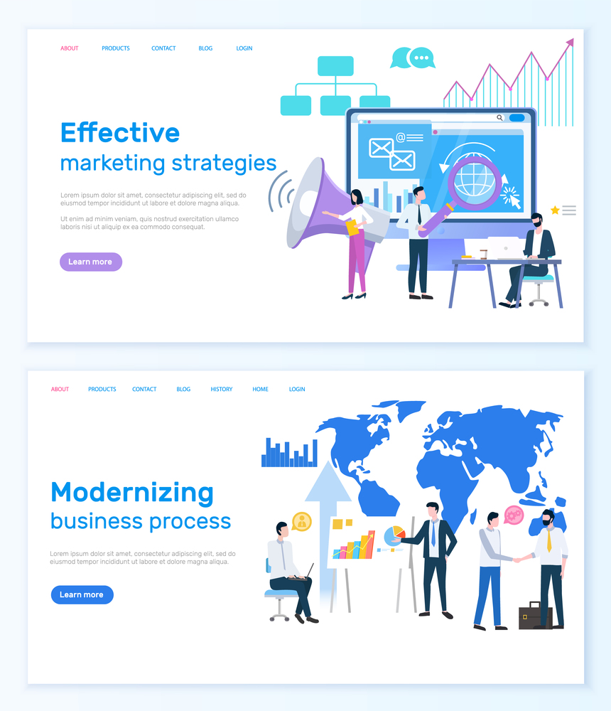 Effective marketing strategies, modernizing business process website vector. Businessmen and laptop, loudspeaker and graphics or diagrams, world map. Webpage template landing page in flat. Marketing Strategies Modernizing Business Process
