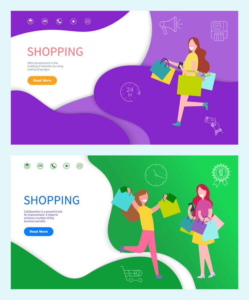 Shopping day happy women running with bags in yellow and purple t-shirt and in skirt and trousers. Lady with long pink hair holding bags and phone vector. Website template webpage landing page in flat. Shopping Happy Day Running Women with Bags Vector