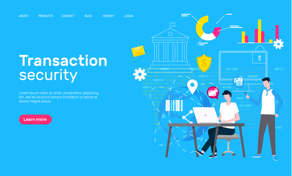 Transaction security web page, global network vector. Online shopping and site operators and statistical graphics and charts, messages and calls answering. Website template landing page in flat. Transaction Security Web Page, Global Network