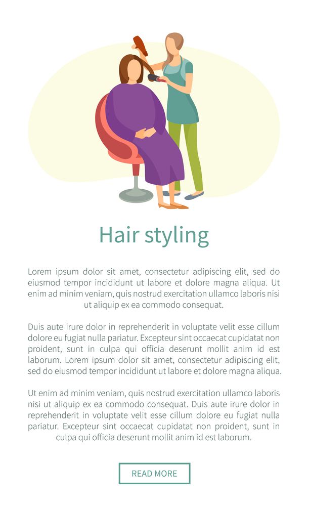 Hair styling web poster, stylist using dryer making client haircut. Hairstyle changes and new style of lady sitting in chair vector website push buttons. Hair Styling Poster Woman Sitting and Hairdresser