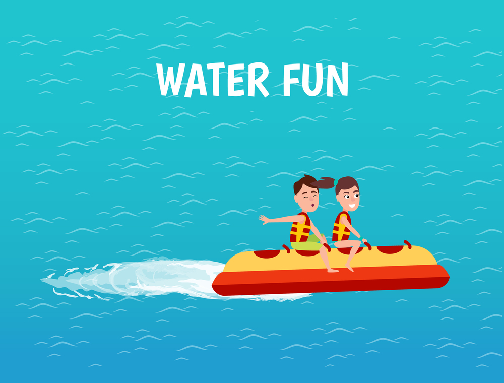 Water fun inflatable rubber transport with text poster vector. Male and female riding banana boat on sea surface. Entertainment and rest time of teens. Water Fun Inflatable Transport, Poster Vector