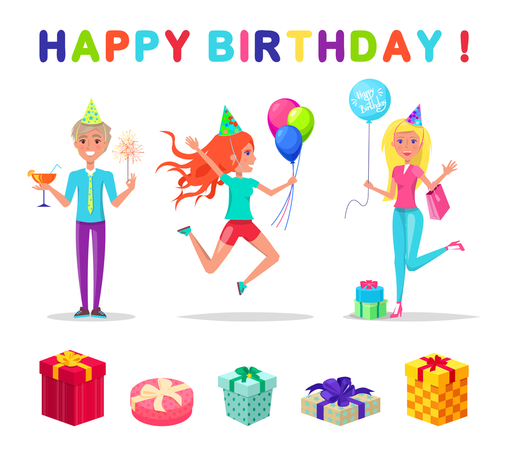 Happy birthday party vector, people celebrating holiday. Woman holding inflatable balloons, male wearing traditional cap made of paper standing with glass. Happy Birthday Party, People Celebrating Holiday