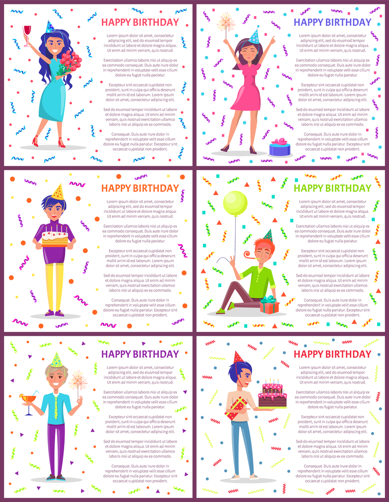 Happy birthday poster with text sample, partying people happily jumping and celebrating. Male with cake and candles, dessert and cocktail in glass. Happy Birthday Poster with Text, Partying People