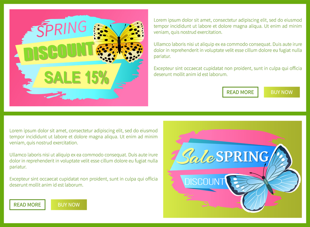 Springtime discount big spring sale labels on posters with butterflies, colorful vector voucher advertisement sticker with tag, add your text leaflets. Springtime Discount Spring Sale Labels Butterfly