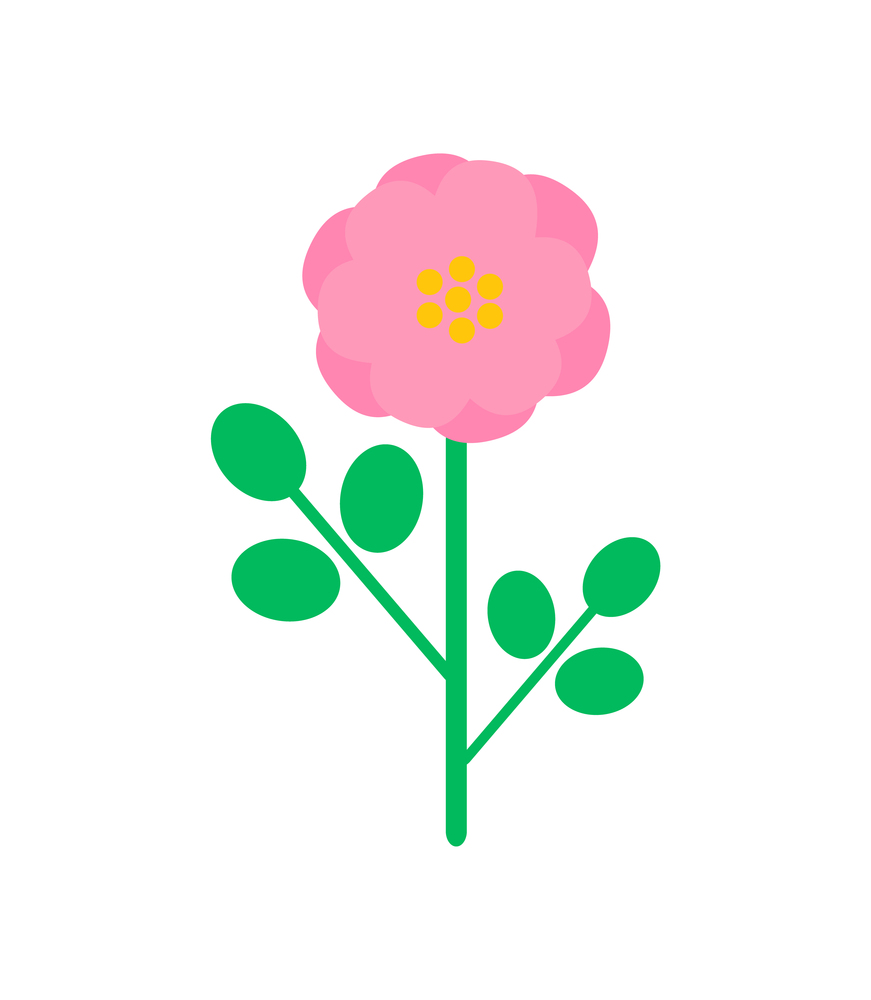 Pink rose-hip flower in cartoon style. Vector isolated blooming bud with green leaves, botanical icon with color floral element, romantic spring blossom. Pink Rose-Hip Flower in Cartoon Style. Vector