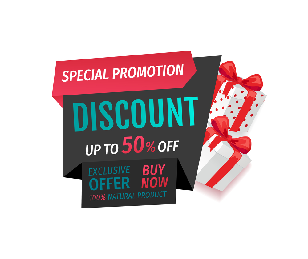 Special promotion discount, offer of 50 percent cost lower vector. Buy now banner with half price reduced. Retail advertisement, sale on presents. Special Promotion Discount, Offer 50 Percent Lower